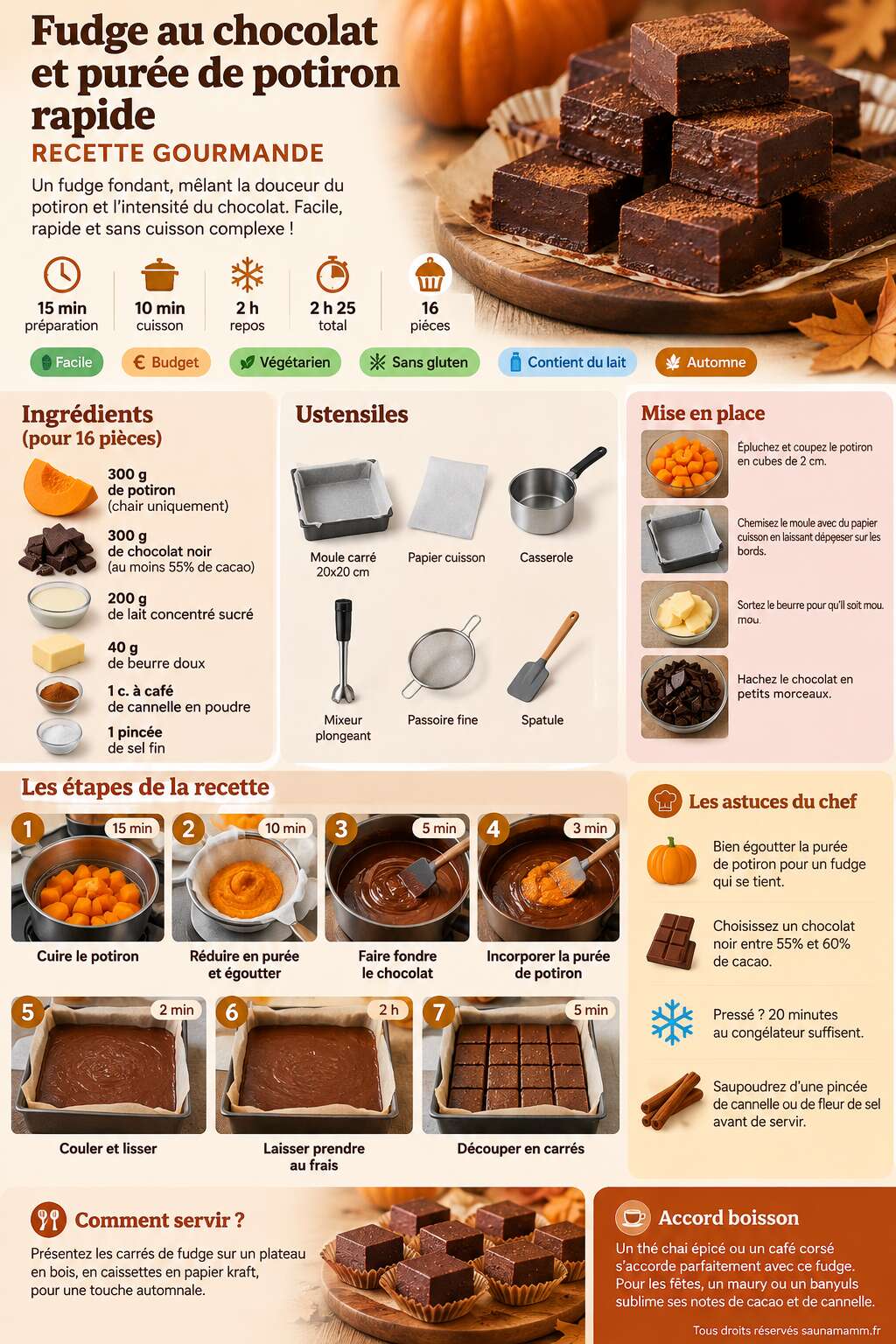 Fiche recette Fudge au chocolat et purée de potiron rapide : recette gourmande Fiche recette Fudge au chocolat et purée de potiron rapide : recette gourmande